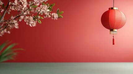 Obraz premium Red Lantern with Blossoms Against a Red Background