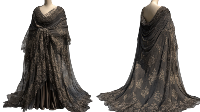 Elegant dark gown with intricate gold patterns displayed on a dress form in a studio setting at daylight.