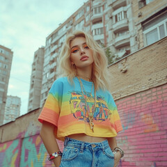Urban girl in 90s fashion stands proudly against colorful graffiti backdrop