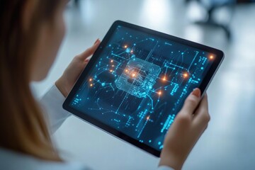 Woman reviewing digital data visualization on tablet, showcasing complex network connections and information flow.