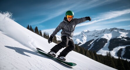 Black young man snowboarding down mountain wearing green helmet