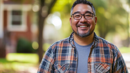 Smiling Asian man in plaid shirt enjoying a sunny day outdoors with a professional lifestyle vibe
