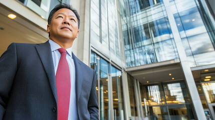 Fototapeta premium Professional Asian man stands confidently in modern urban setting during daytime