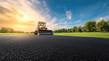Fototapeta premium Heavy Machinery at Work on Fresh Asphalt Surface