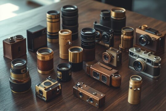 Collection of vintage cameras and lenses, showcasing antique photography equipment.