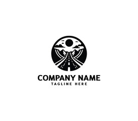 Vector road logo design. Curving tarred road and highway. Outside tree, mountain, building, sun logo