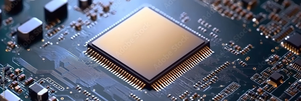 Poster close-up of a modern electronic circuit board with processor microchip, high tech background
