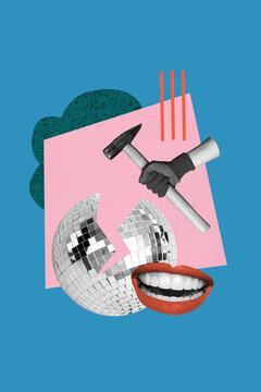 Composite trend artwork sketch image photo collage of carefree party dance retro disco ball cracked broken hammer tool mouth lips smile