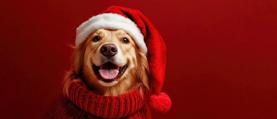 Joyful Golden Retriever Dog in Santa Hat and Red Sweater for Christmas