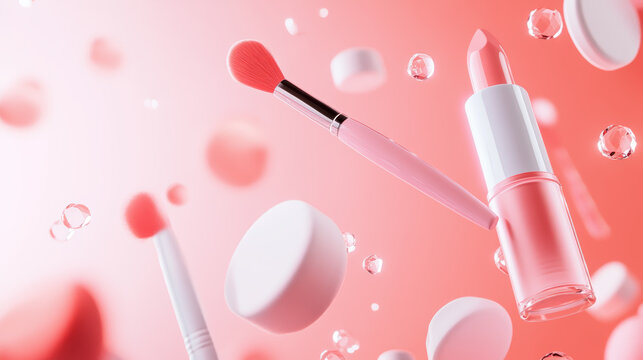 Colorful makeup products floating in air create a vibrant and engaging display for beauty enthusiasts