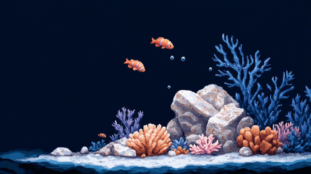 8-bit pixel art underwater scene, coral reefs, schools of fish swimming, vibrant sea creatures in simple pixel form.