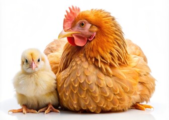 Fototapeta premium Close-Up Chicken and Chick Photos: Adorable Farm Animals on White Background