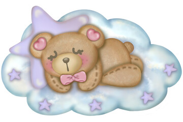 Teddy bear character cute baby girl, Hand drawn pastel color for baby newborn childish greeting cards or invitations. Colorful drawing.