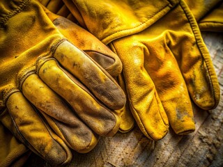Obraz premium Close-Up Hand Yellow Gloves Photography: Detailed Textures & Wrinkles