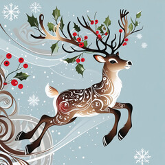 Naklejka premium Elegant Winter Reindeer with Festive Antlers and Ornate Snowflake Patterns