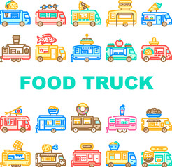 food truck street mobile cuisine icons set vector. gourmet vendor, festival tacos, burgers fusion, bbq, pizza, vegan food truck street mobile cuisine color line illustrations