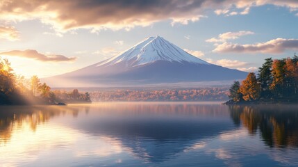 A breathtaking view of a snow-capped mountain reflecting in a tranquil lake at sunrise, surrounded...