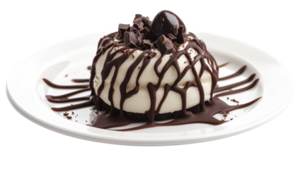 Deliciously Elegant Dessert with Chocolate Drizzle Perfect for Gourmet Menus, Social Media Posts, and Food Blogs.