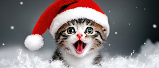 Adorable Kitten Wearing Santa Hat, Christmas Pet, Festive Holiday Image