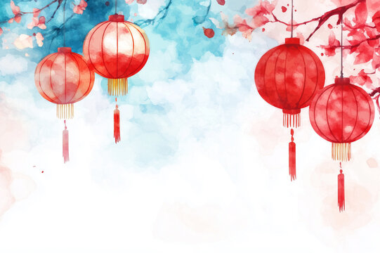 Chinese new year watercolor background . Oriental festive art design for place text and product images.