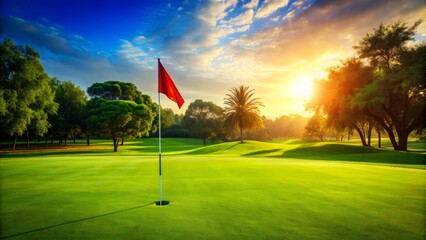 Obraz premium Close-Up Scenic Golf Course Green: Red Flag, Lush Trees, Sunny Sky - AI Generated Image