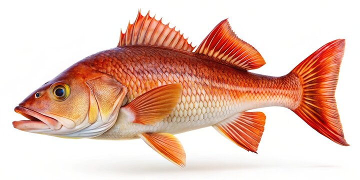 Close-Up Red Drum Fish, Sciaenops ocellatus, Isolated White Background - High-Resolution Stock Photo