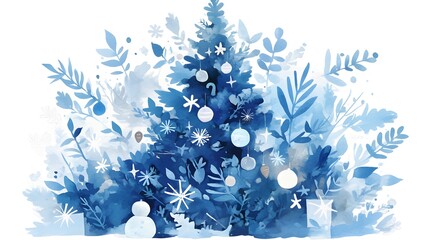 Blue watercolor Christmas card, classic holiday illustration