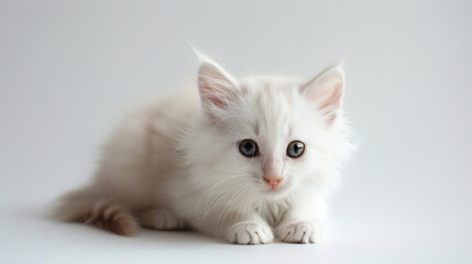 Fototapeta premium adorable little white kitten with pure fluffy fur sitting calmly isolated on a clean white background, perfect for pet lovers and cat-themed content, ideal for banners, blogs, and marketing