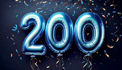 Blue birthday / anniversary balloon, number 200, black background with confetti
