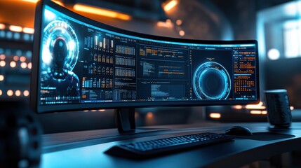 Holographic chatbots exchanging data on curved monitor