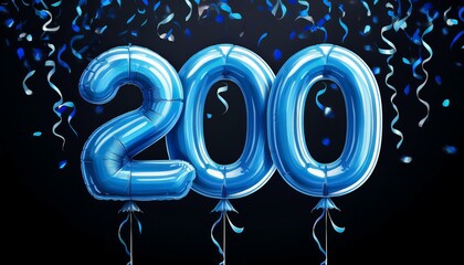 Blue birthday / anniversary balloon, number 200, black background with confetti