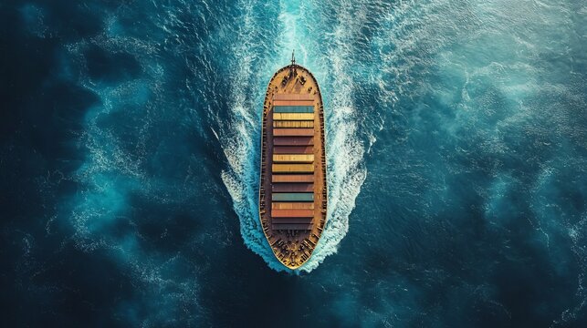 Drone shot of a cargo container ship sailing through the ocean, symbolizing efficient global shipping, logistics, and international trade.
