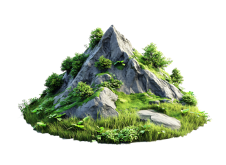 Flying mountains landscape, green grass and , floating forest island, isolated on white background, png ,


