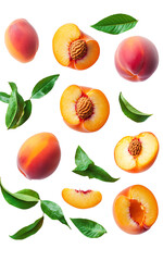Levitating peach isolated. Composition and flying of peaches, peach halves and slices with green leaves on a white background. ,


