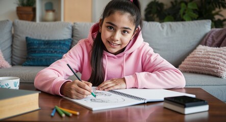 Naklejka premium Hispanic teenage girl sketching on coffee table wearing pink hoodie