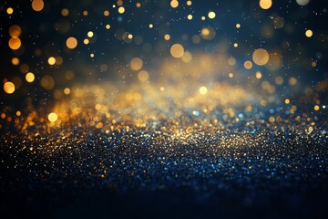 Obraz premium Abstract falling particles golden glitter lights texture on a dark blue background with lighting