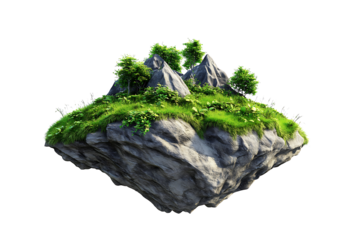 Flying mountains landscape, green grass and , floating forest island, isolated on white background, png ,


