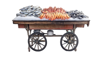 Fresh seafood market cart displaying a variety of fish and shellfish on ice during a sunny day.