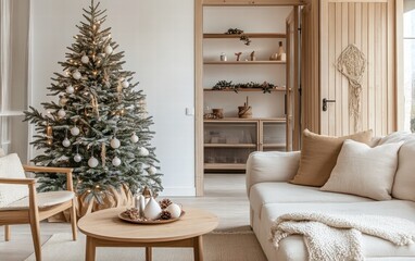 Scandinavian-inspired interior with light wooden furniture, neutral tones, and a natural Christmas tree with subtle ornaments