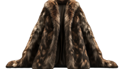Luxurious animal fur coat displayed on a mannequin showcasing intricate patterns and textures in a bright studio setting.