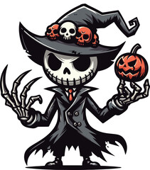 Skeleton Witch with Pumpkin: A spooky and whimsical illustration of a skeleton witch, dressed in a black coat, red tie, and a pointy hat adorned with skulls, holding a jack-o'-lantern.  