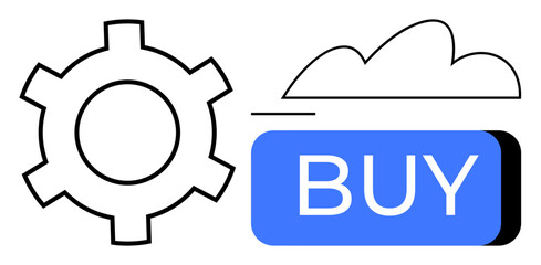 Gear and cloud outline with blue BUY button symbolizing integration of online purchasing and cloud services. Ideal for e-commerce, cloud computing, digital marketing, technology solutions