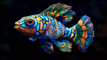 A colorful mandarin fish with its swirling blue, green, and orange patterns, stylized in detail