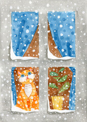 watercolor painting of a winter window with a cat looking out and snow falling
