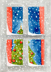 watercolor painting of a winter window with a christmas tree and snow falling