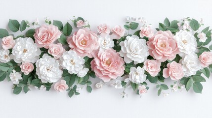 Elegant floral arrangement with pink and white roses and eucalyptus leaves on white background.