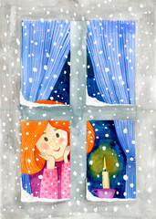 watercolor painting of a winter window with a girl looking out and snow falling