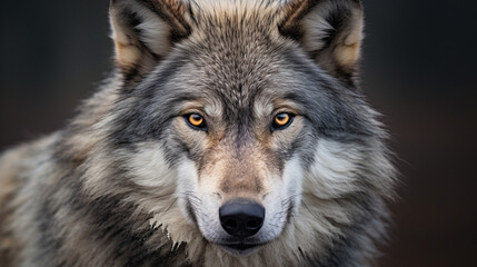 Obraz premium Close-up portrait of a wolf with yellow eyes in the forest Generate Ai