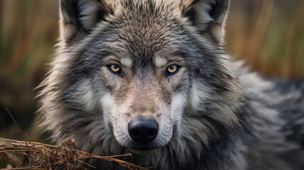 Obraz premium Close-up portrait of a wolf with yellow eyes in the forest Generate Ai