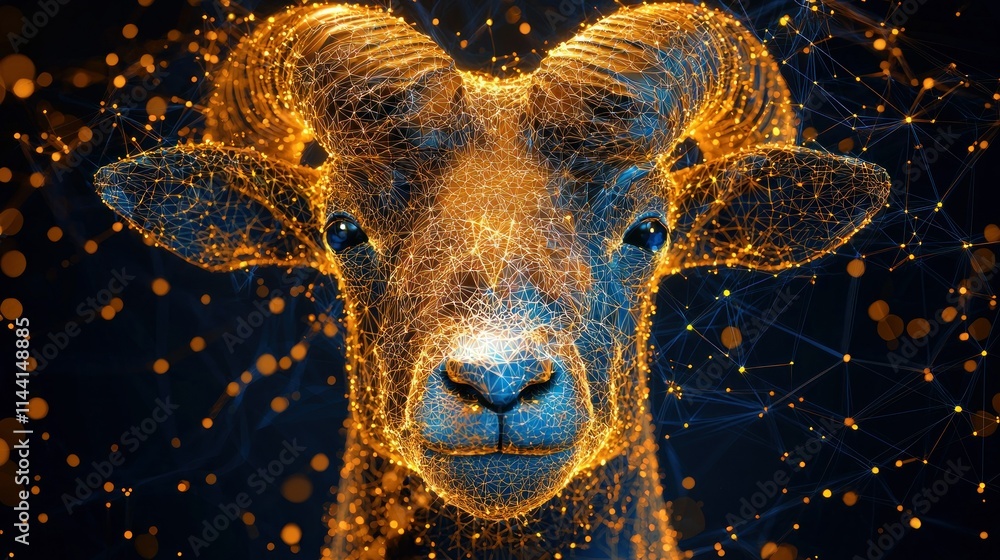 Poster digital art of a glowing ram with intricate patterns.